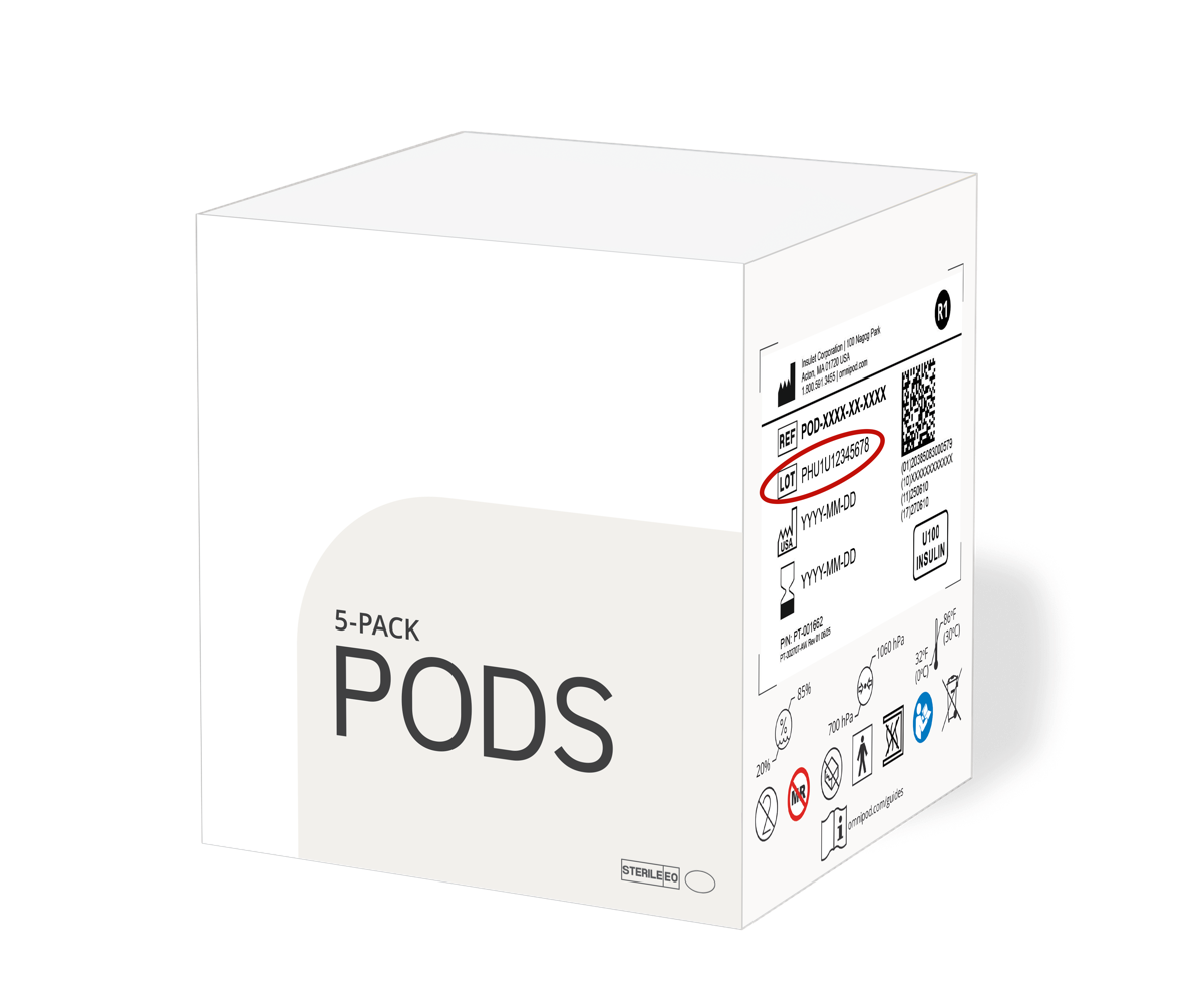 LOT number location on the five-pod box